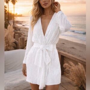 White Sequin Long Sleeve Wrap Dress